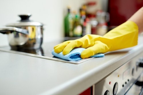 Office cleaners in SW9 performing detailed cleaning in a reception area