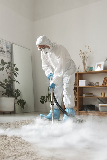 A professional cleaner wearing a white protective suit, face mask, and blue gloves vacuuming a cream-colored carpet in a bright, modern living room. The room features white walls, a wooden shelf with 